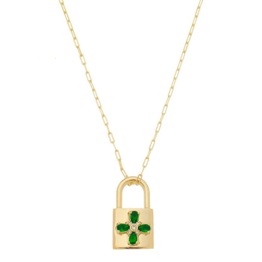 Colar Feminino Ariane Cadeado Flor Zircônia Esmeralda Folheado a Ouro 18k