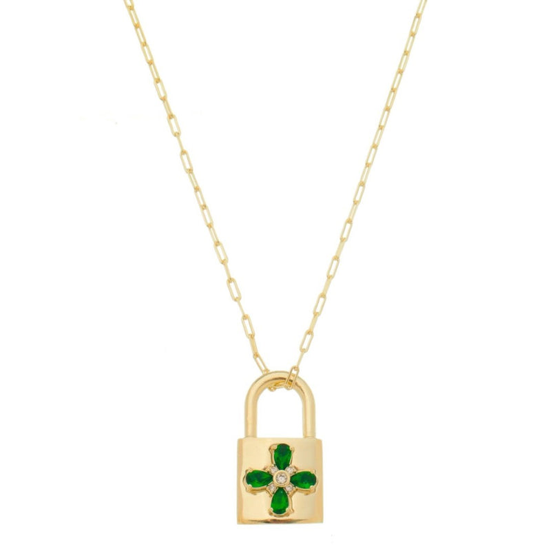 Colar Feminino Ariane Cadeado Flor Zircônia Esmeralda Folheado a Ouro 18k