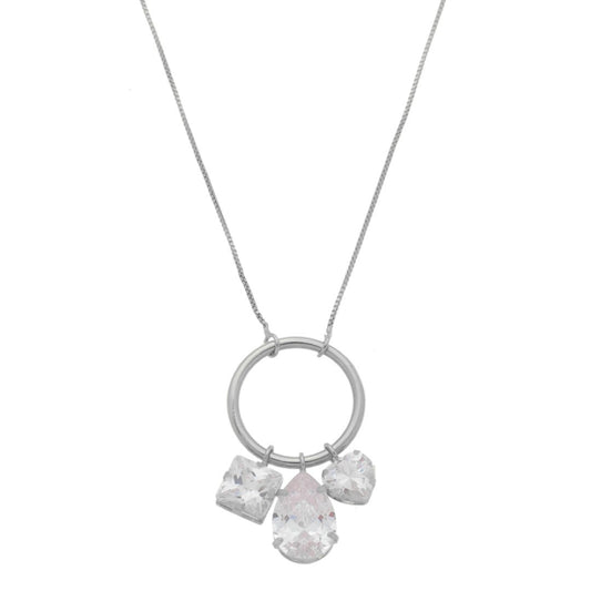 Colar Longo Piuka Diara Círculo Gota Coração Zircônias Folheado em Ródio Branco