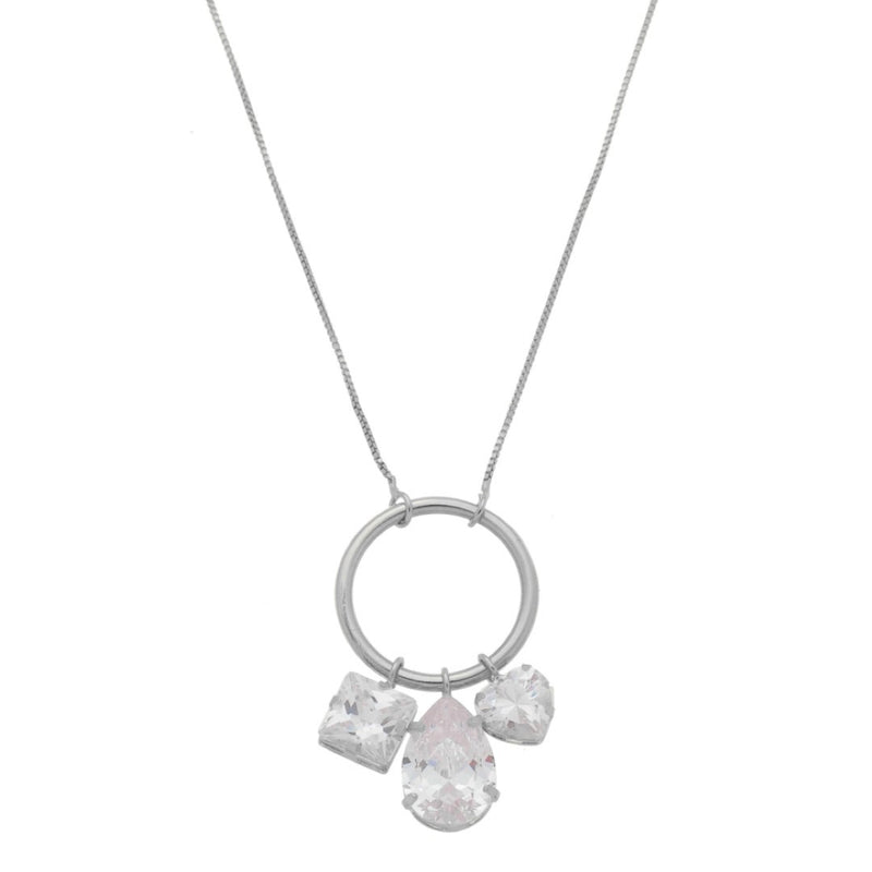 Colar Longo Piuka Diara Círculo Gota Coração Zircônias Folheado em Ródio Branco