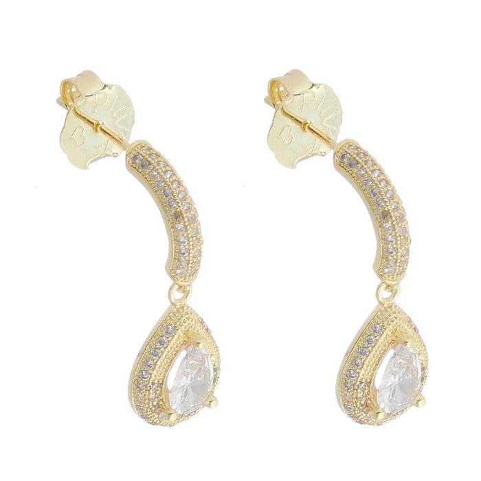 Brinco Piuka Meia Argola Pilar Gota Zircônia Cristal Fosca e Brilhante Folheado a Ouro 18k
