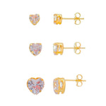 Kit 3 Brincos Piuka Lulu Corações Zircônia Folheado a Ouro 18k