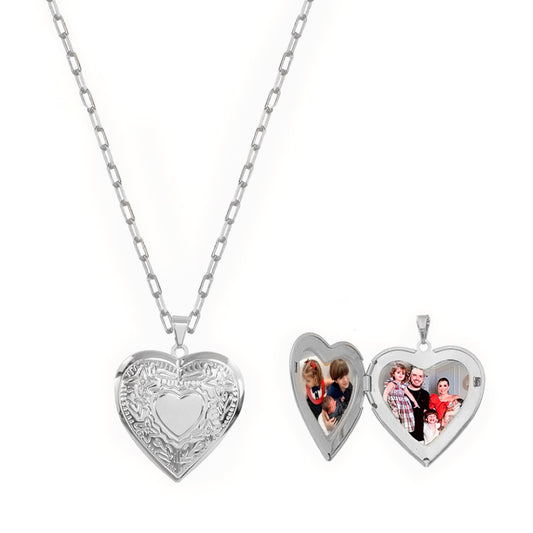 Colar Feminino Amore Relicário Coração Folheado em Ródio Branco