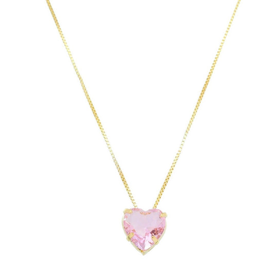 Colar de Coração Zircônia Rosa Junny Folheado a Ouro 18k