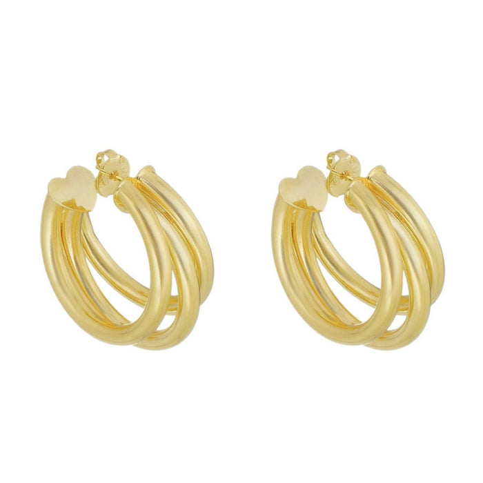 Brinco de Argola Tripla Tubo Liso Enola G Folheado a Ouro 18k