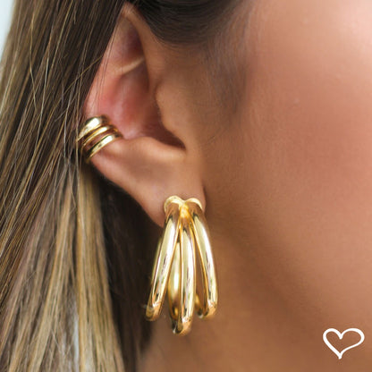 Brinco de Argola Tripla Tubo Liso Enola G Folheado a Ouro 18k