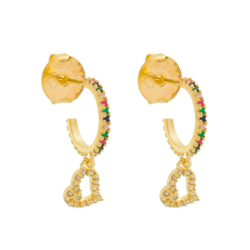 Brinco de Argola Mini Alana Coração Zircônias Cristal e Coloridas Folheado a Ouro 18k