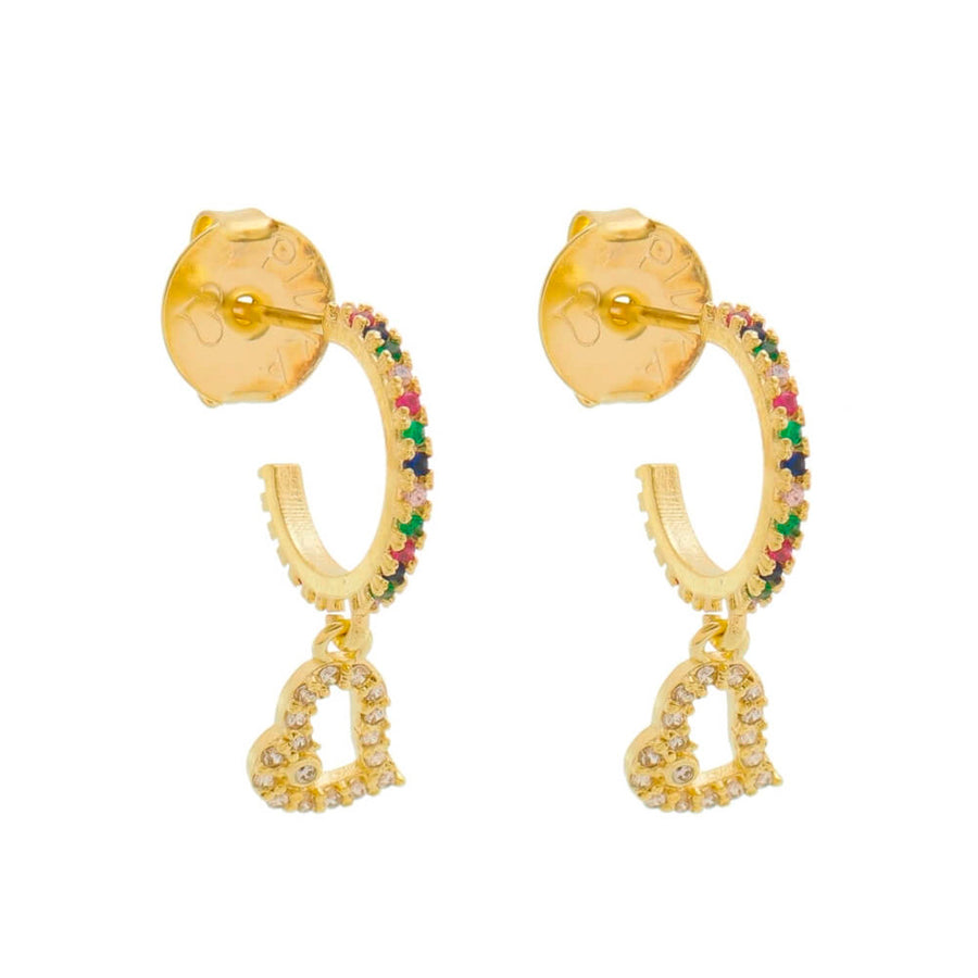 Brinco de Argola Mini Alana Coração Zircônias Cristal e Coloridas Folheado a Ouro 18k