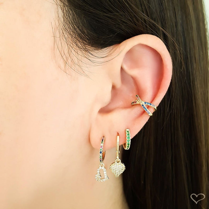 Brinco de Argola Mini Alana Coração Zircônias Cristal e Coloridas Folheado a Ouro 18k