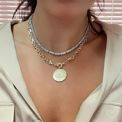 Colar Olho Grego Medalha Elos Curtos Bruna Zircônias Folheado a Ouro 18k