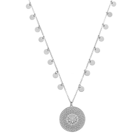 Colar Feminino Medalha Flor de Lótus Cresça Evolua Floresça Folheado em Ródio Branco