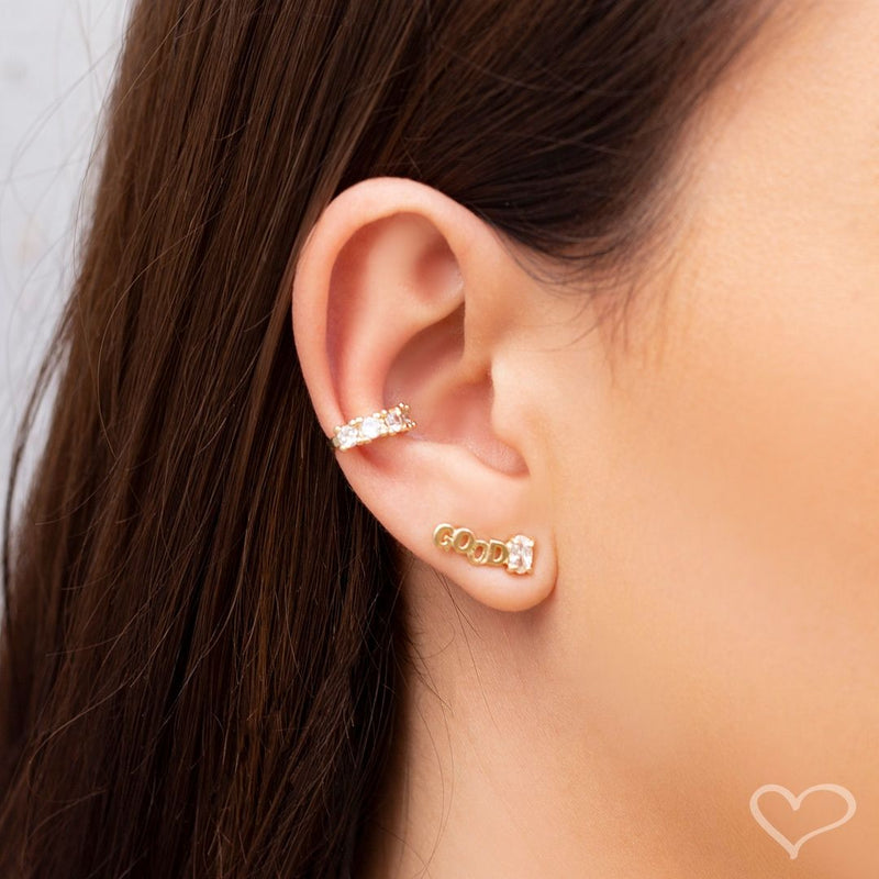 Brinco Ear Cuff Good Vibes Assimétrico Zircônia Folheado a Ouro 18k