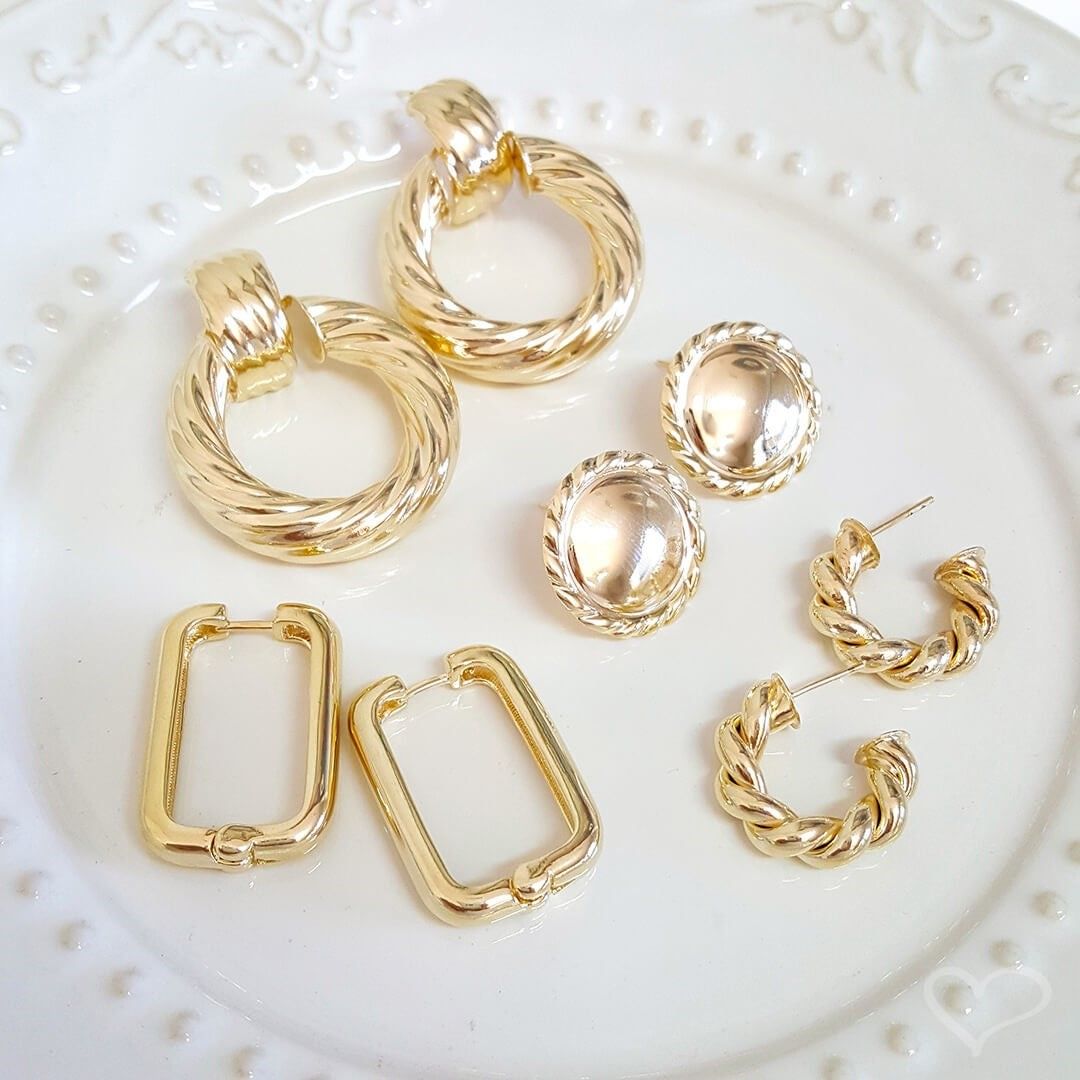 Brinco Retangular Helena Lisa G Folheado a Ouro 18k