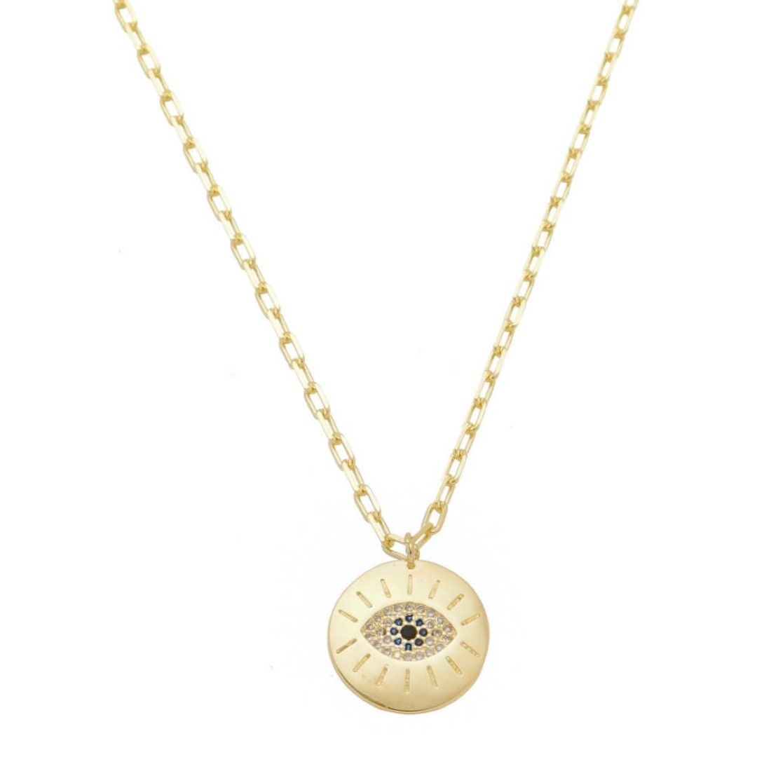 Colar Olho Grego Medalha Mykonos Zircônia Safira e Cristal Folheado a Ouro 18k