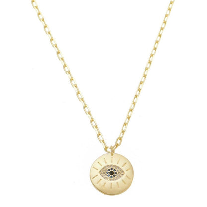 Colar Olho Grego Medalha Mykonos Zircônia Safira e Cristal Folheado a Ouro 18k