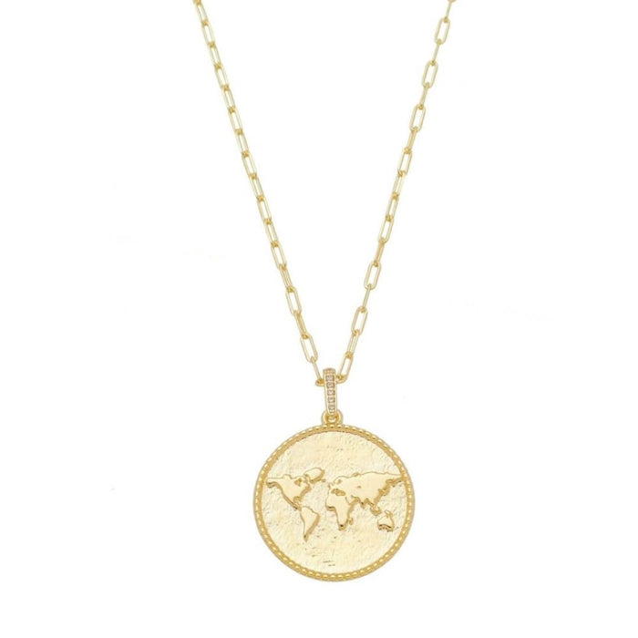 Colar Feminino Medalha Mapa Mundi Sonhe Alto Folheado a Ouro 18k
