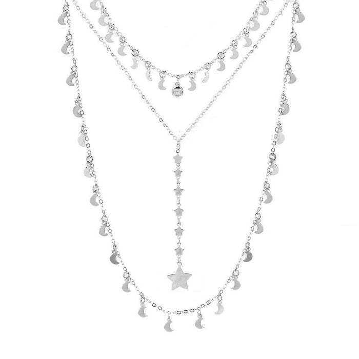 Mix 3 Colares Eclipse Lua e Estrelas Folheado em Ródio Branco
