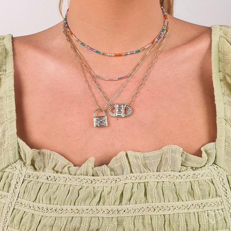 Colar Feminino Rafa Locker Baguete Zircônias Coloridas Folheado a Ouro 18k