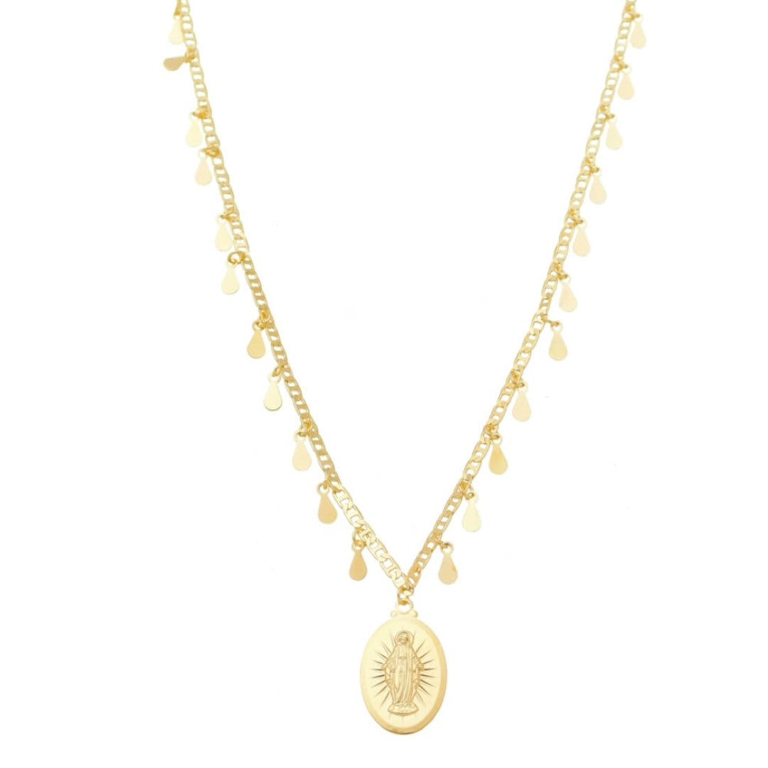 Colar Feminino Nossa Senhora das Graças Mini Medalhas Gotas Folheado a Ouro 18k