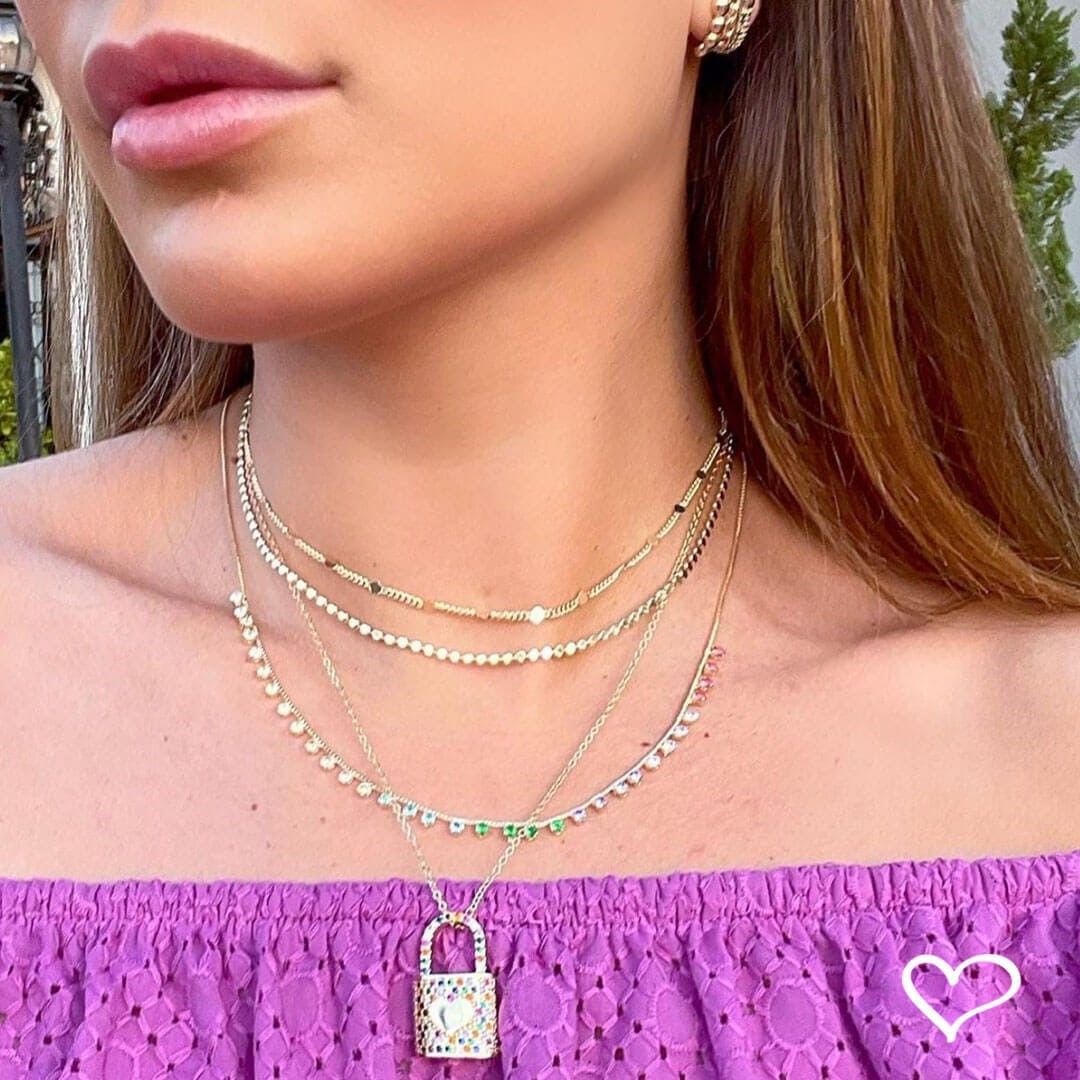 Colar de Cadeado Coração Zircônias Coloridas Thassia Folheado a Ouro 18k