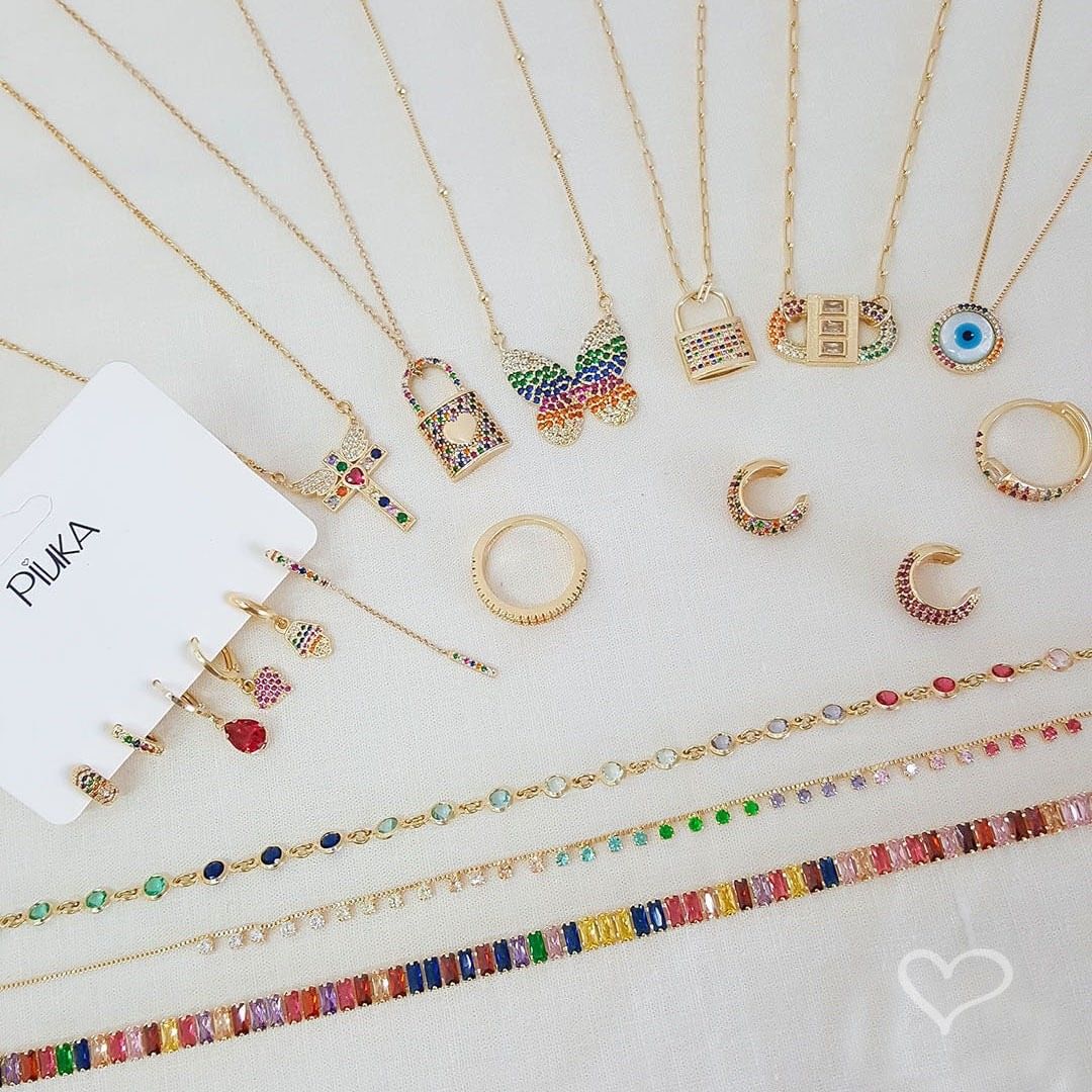 Colar de Cadeado Coração Zircônias Coloridas Thassia Folheado a Ouro 18k