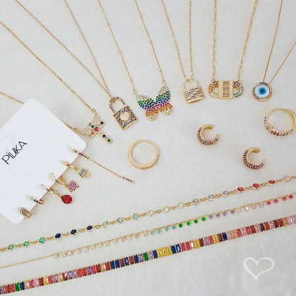 Colar de Cadeado Coração Zircônias Coloridas Thassia Folheado a Ouro 18k