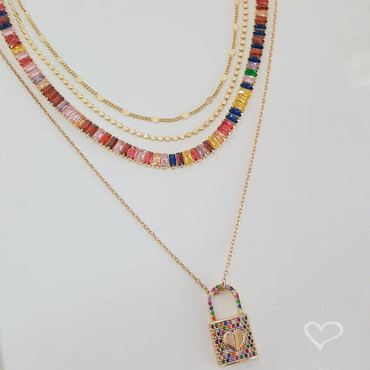Colar de Cadeado Coração Zircônias Coloridas Thassia Folheado a Ouro 18k