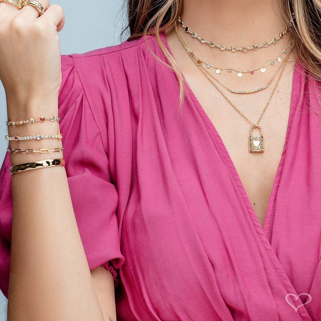 Colar de Cadeado Coração Zircônias Coloridas Thassia Folheado a Ouro 18k