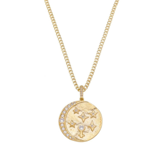 Colar Longo Medalha Universo Celestial Zircônias Folheado a Ouro 18k