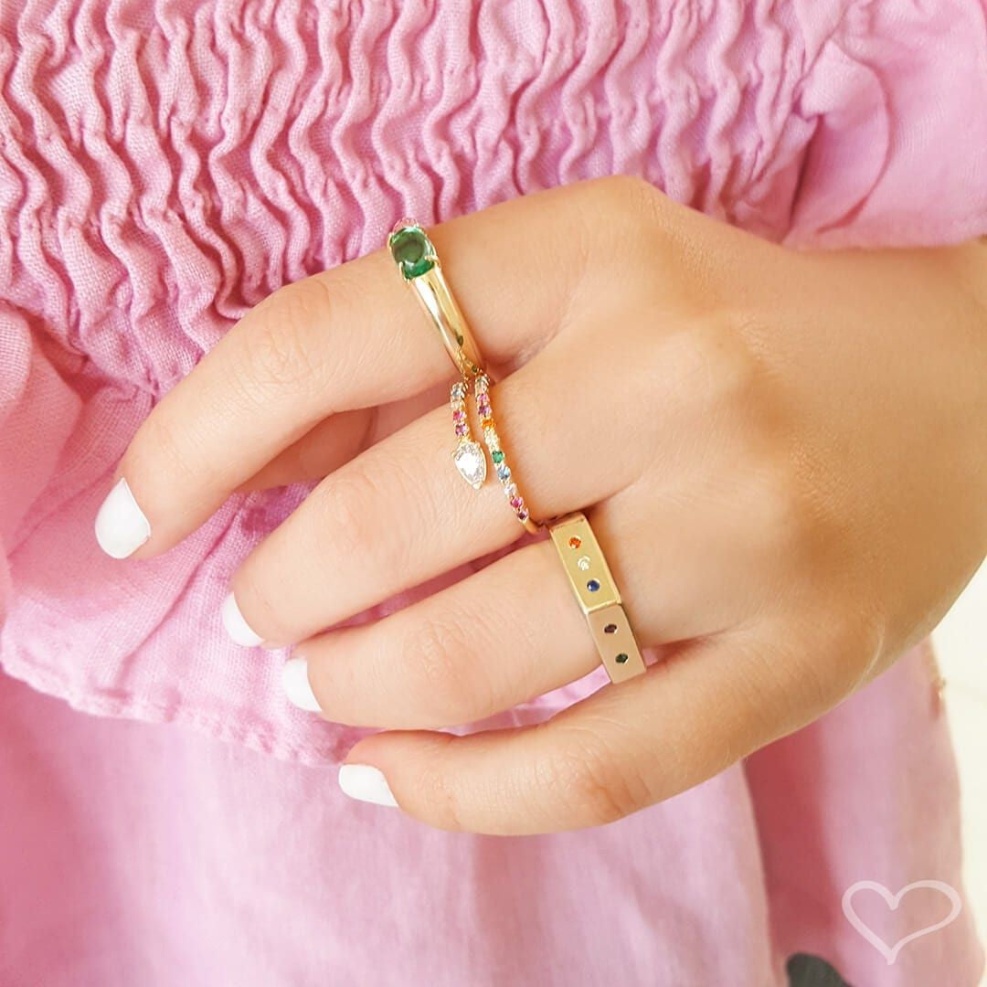 Anel Folheado a Ouro 18k Sextavado Zircônias Coloridas Luana