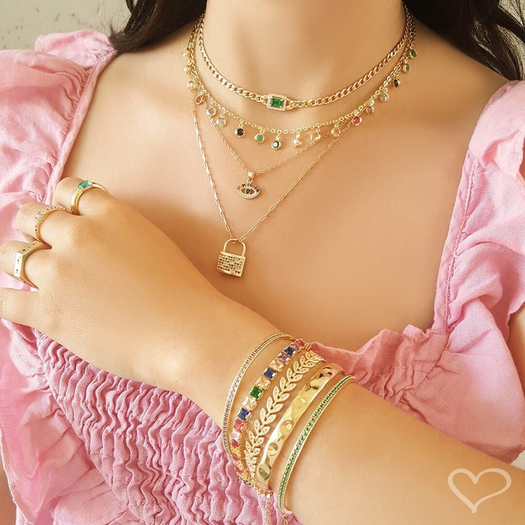 Anel Folheado a Ouro 18k Sextavado Zircônias Coloridas Luana