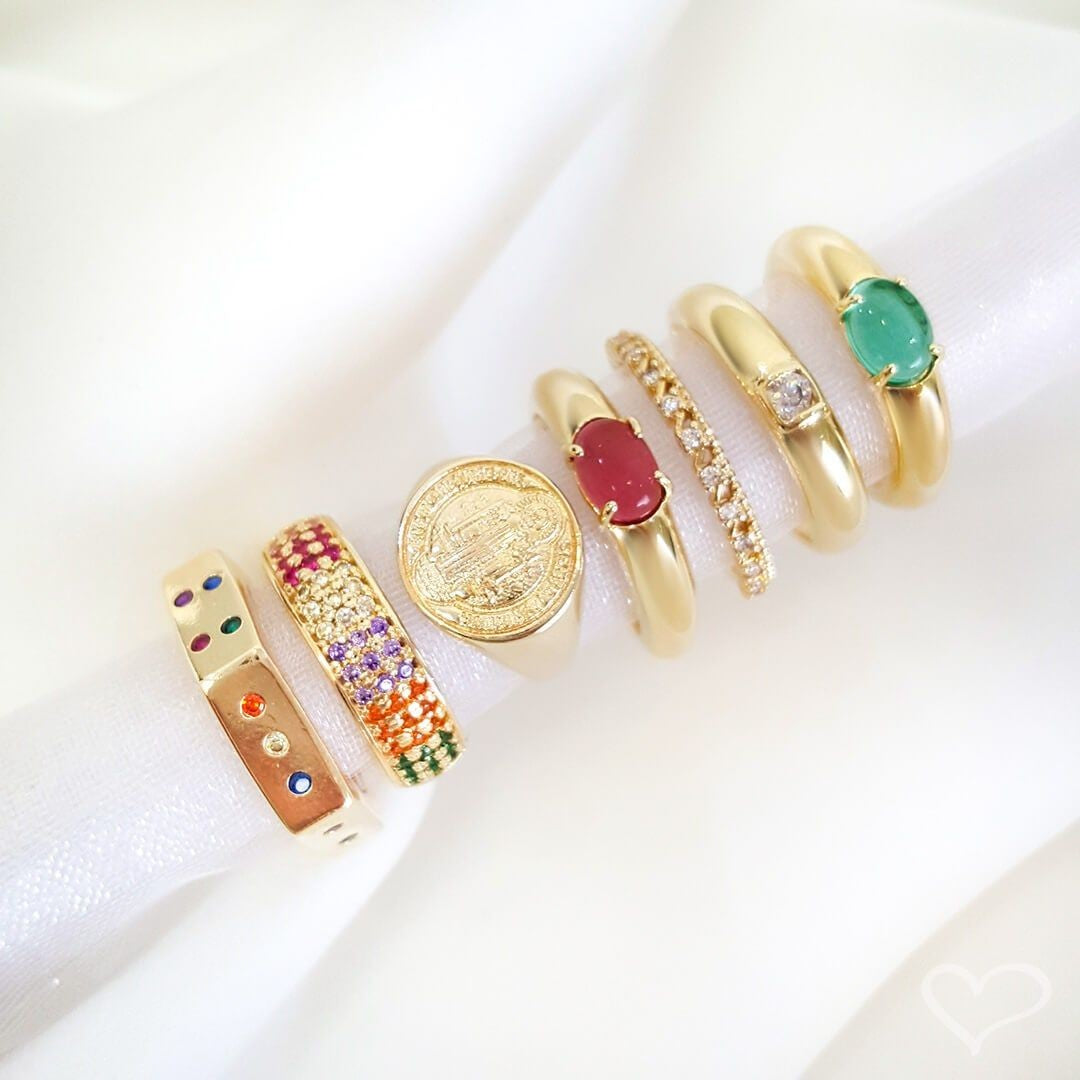 Anel Folheado a Ouro 18k Sextavado Zircônias Coloridas Luana