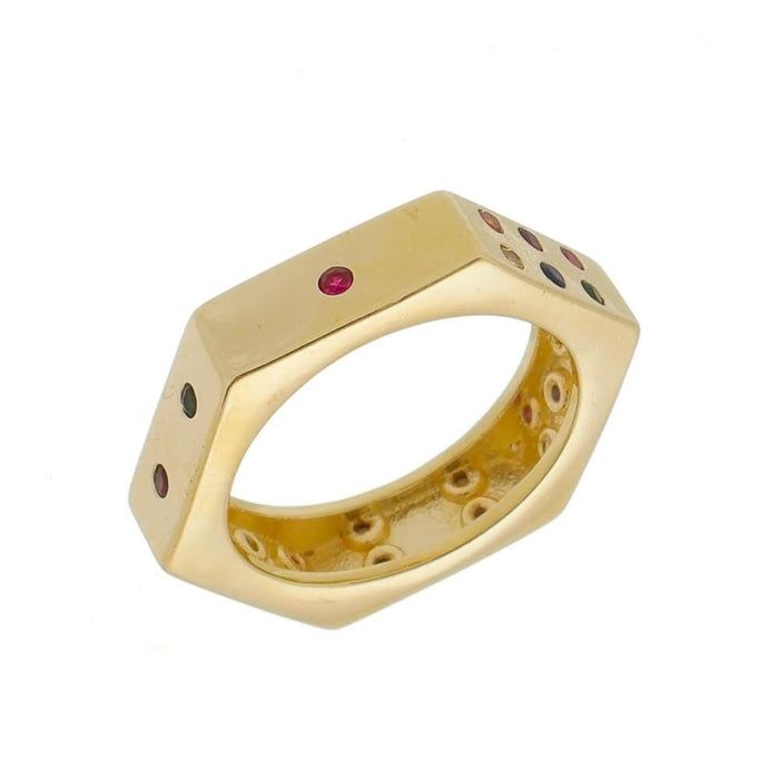 Anel Folheado a Ouro 18k Sextavado Zircônias Coloridas Luana