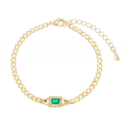 Pulseira Folheada a Ouro 18k Elos Groumet Zircônias Cristais e Esmeralda Letizia