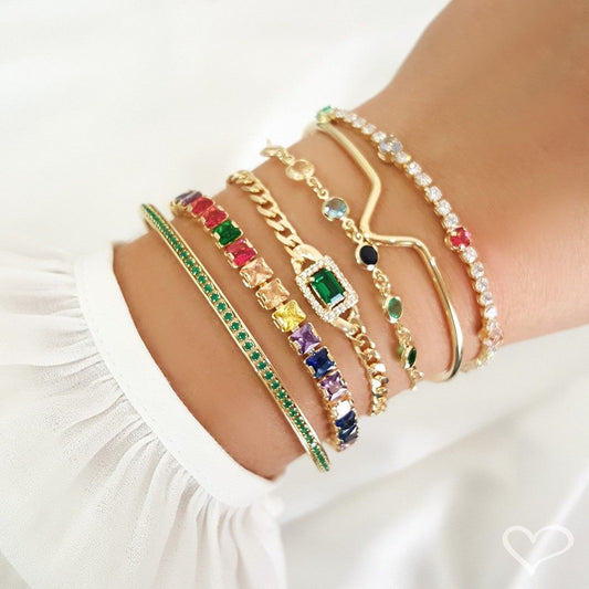 Pulseira Folheada a Ouro 18k Elos Groumet Zircônias Cristais e Esmeralda Letizia