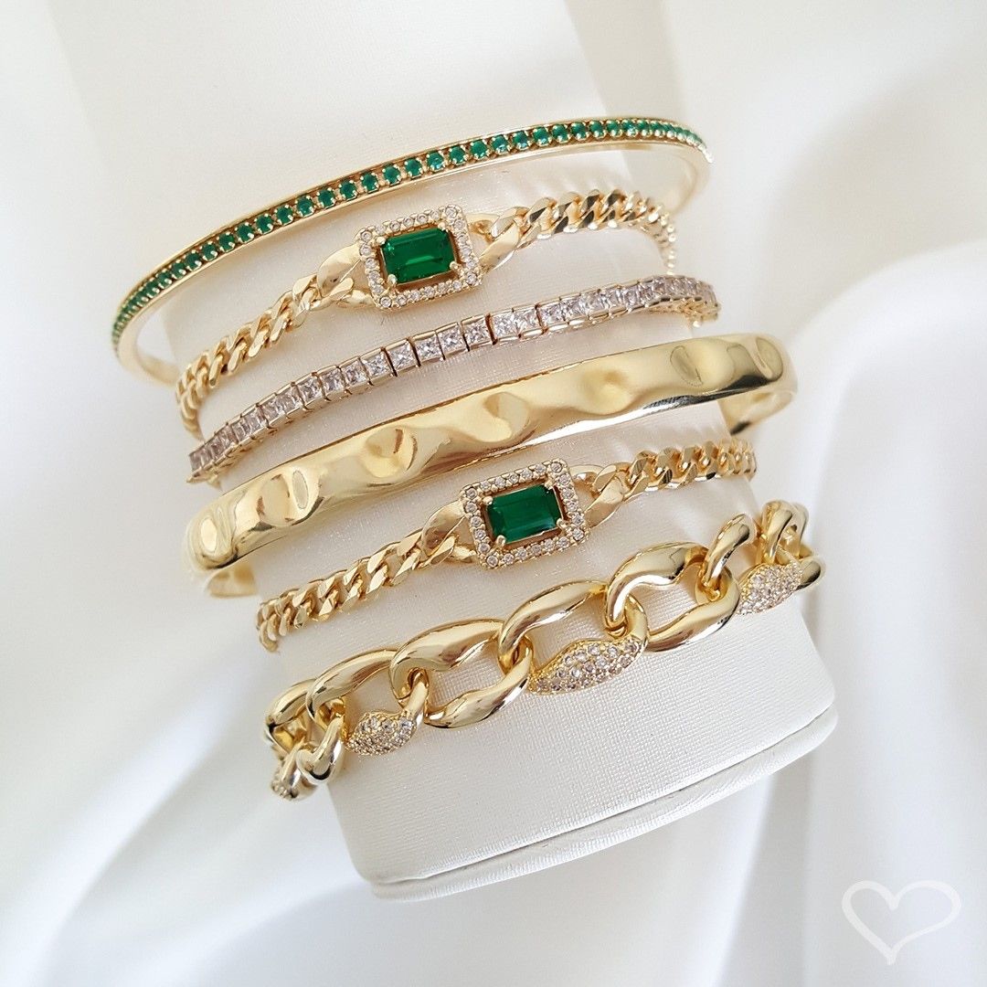 Pulseira Folheada a Ouro 18k Elos Groumet Zircônias Cristais e Esmeralda Letizia