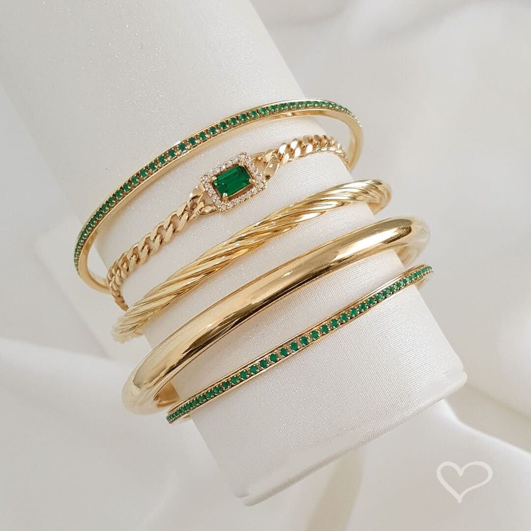 Pulseira Folheada a Ouro 18k Elos Groumet Zircônias Cristais e Esmeralda Letizia