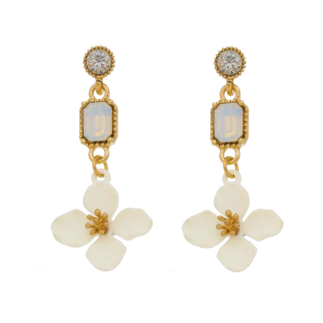 Brinco de Flor Acácia Off White Strass White Opal