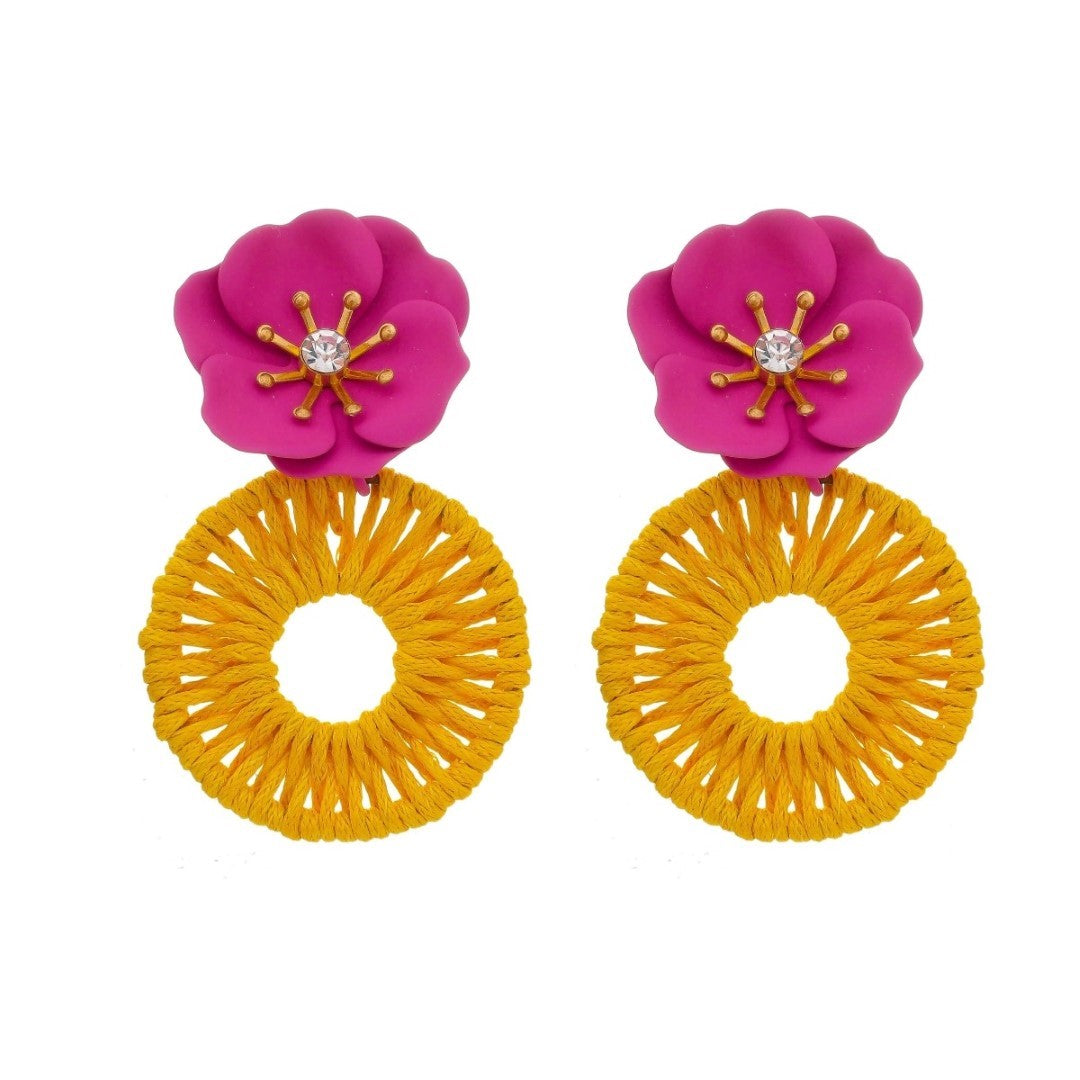Brinco de Flor Azaléia Fúcsia e Amarelo