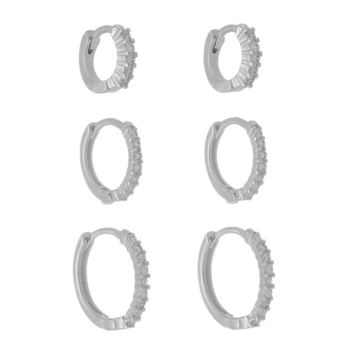 Trio de Brincos Argolinhas Bel Zircônias Folheado em Ródio Branco