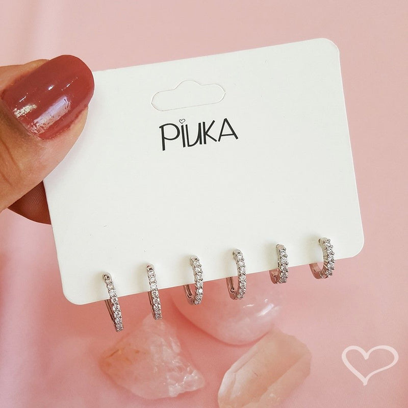 Trio de Brincos Argolinhas Bel Zircônias Folheado em Ródio Branco