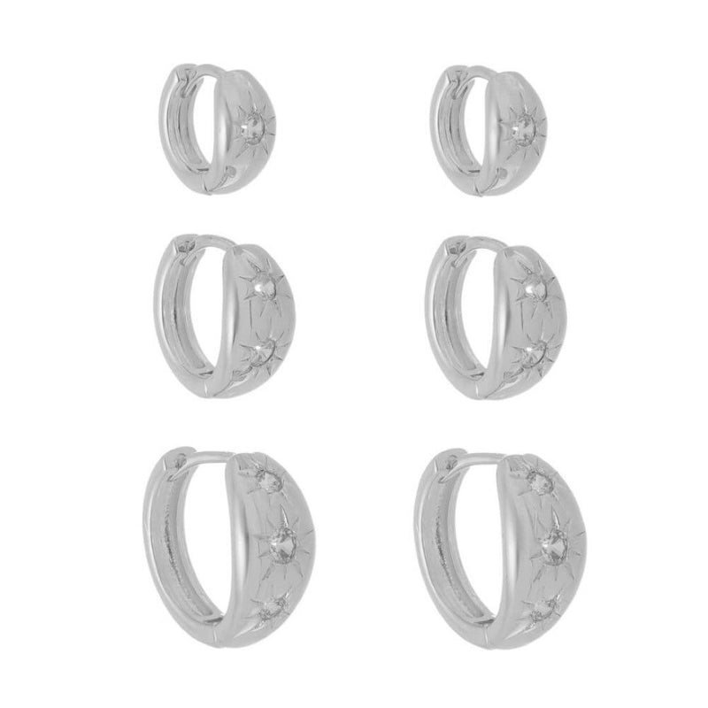 Trio de Brincos Argolinhas Cacá Estrelas Zircônias Folheado em Ródio Branco