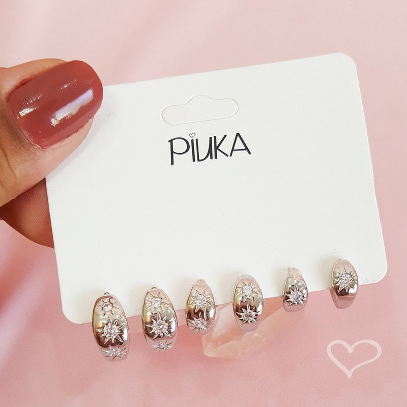 Trio de Brincos Argolinhas Cacá Estrelas Zircônias Folheado em Ródio Branco