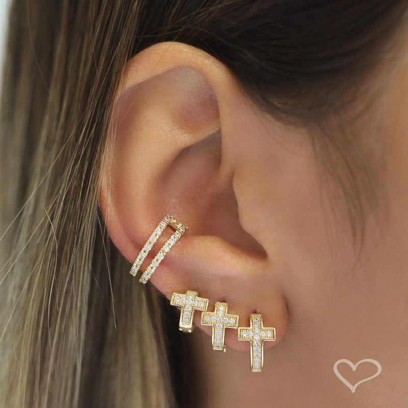 Trio de Brincos Argolinhas Laurie Cruz Zircônias Folheado a Ouro 18k