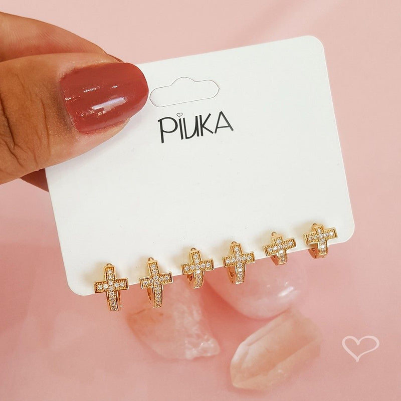 Trio de Brincos Argolinhas Laurie Cruz Zircônias Folheado a Ouro 18k