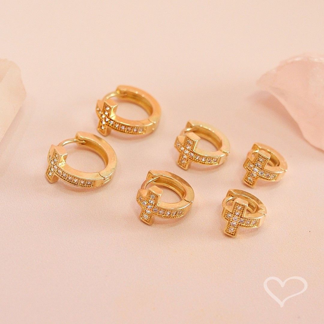 Trio de Brincos Argolinhas Laurie Cruz Zircônias Folheado a Ouro 18k