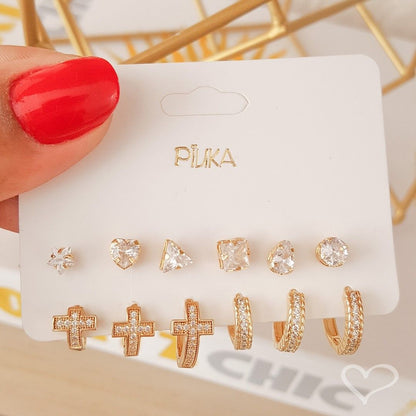 Trio de Brincos Argolinhas Laurie Cruz Zircônias Folheado a Ouro 18k