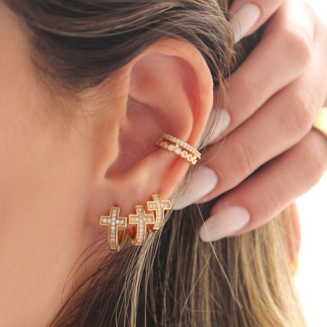 Trio de Brincos Argolinhas Laurie Cruz Zircônias Folheado a Ouro 18k