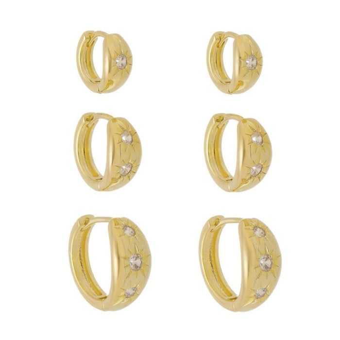 Trio de Brincos Argolinhas Cacá Estrelas Zircônias Folheado a Ouro 18k