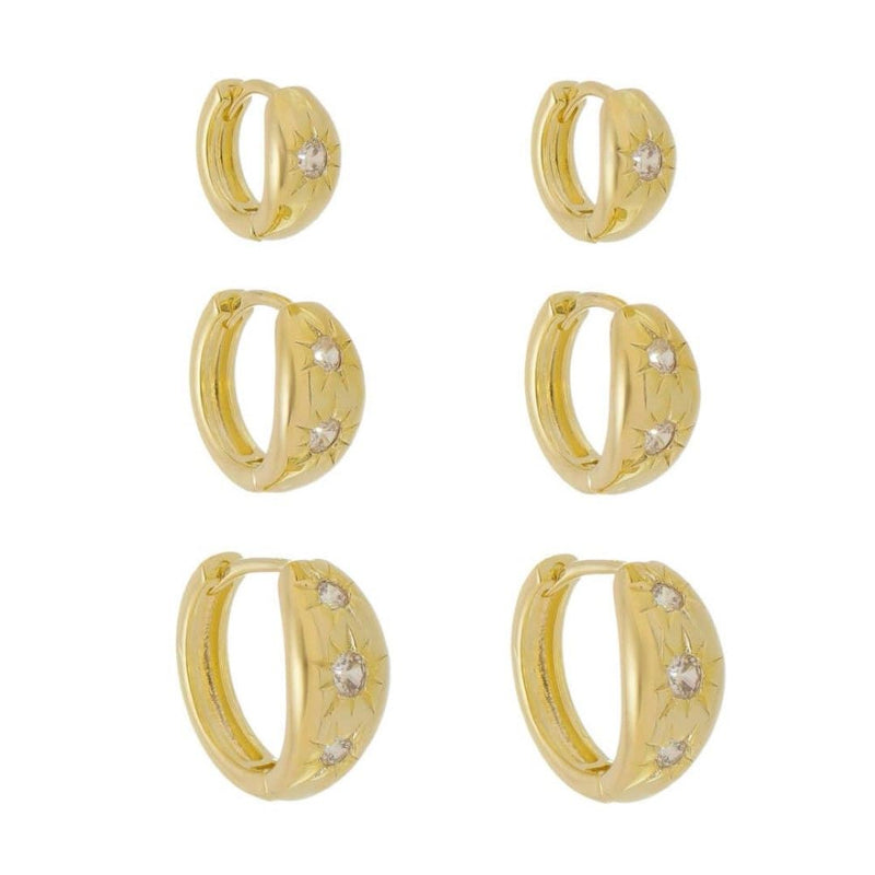 Trio de Brincos Argolinhas Cacá Estrelas Zircônias Folheado a Ouro 18k